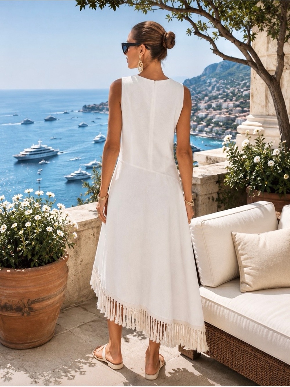 Zara NWT 100% linen white & cream Fringe hem Midi tunic Dress - Picture 4 of 16